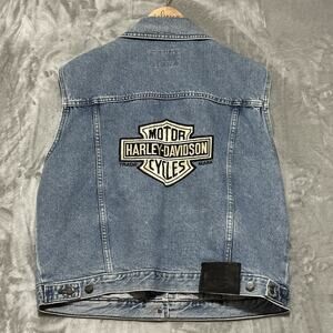Vintage Harley Davidson Denim Vest Womens Size XL Blue Embroidered Shield Logo